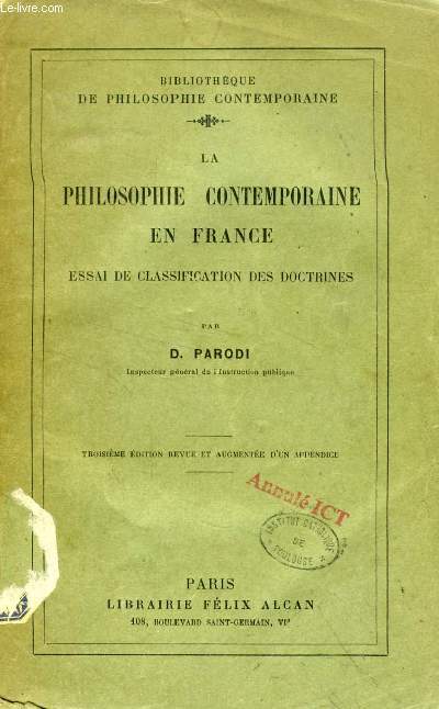 LA PHILOSOPHIE CONTEMPORAINE EN FRANCE, ESSAI DE CLASSIFICATION DES DOCTRINES