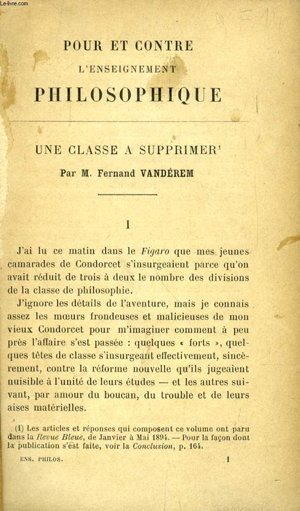 POUR ET CONTRE L'ENSEIGNEMENT PHILOSOPHIQUE