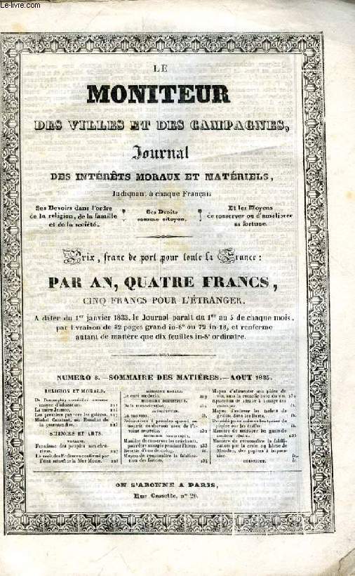 LE MONITEUR DES VILLES ET DES CAMPAGNES, JOURNAL DES INTERETS MORAUX ET MATERIELS, N 8, AOUT 1935 (Sommaire: De l'exemple, considr comme moyen d'ducation. Les premiers pas vers les galres. Fabatisme des peuples non chrtiens. De la revaccination...)