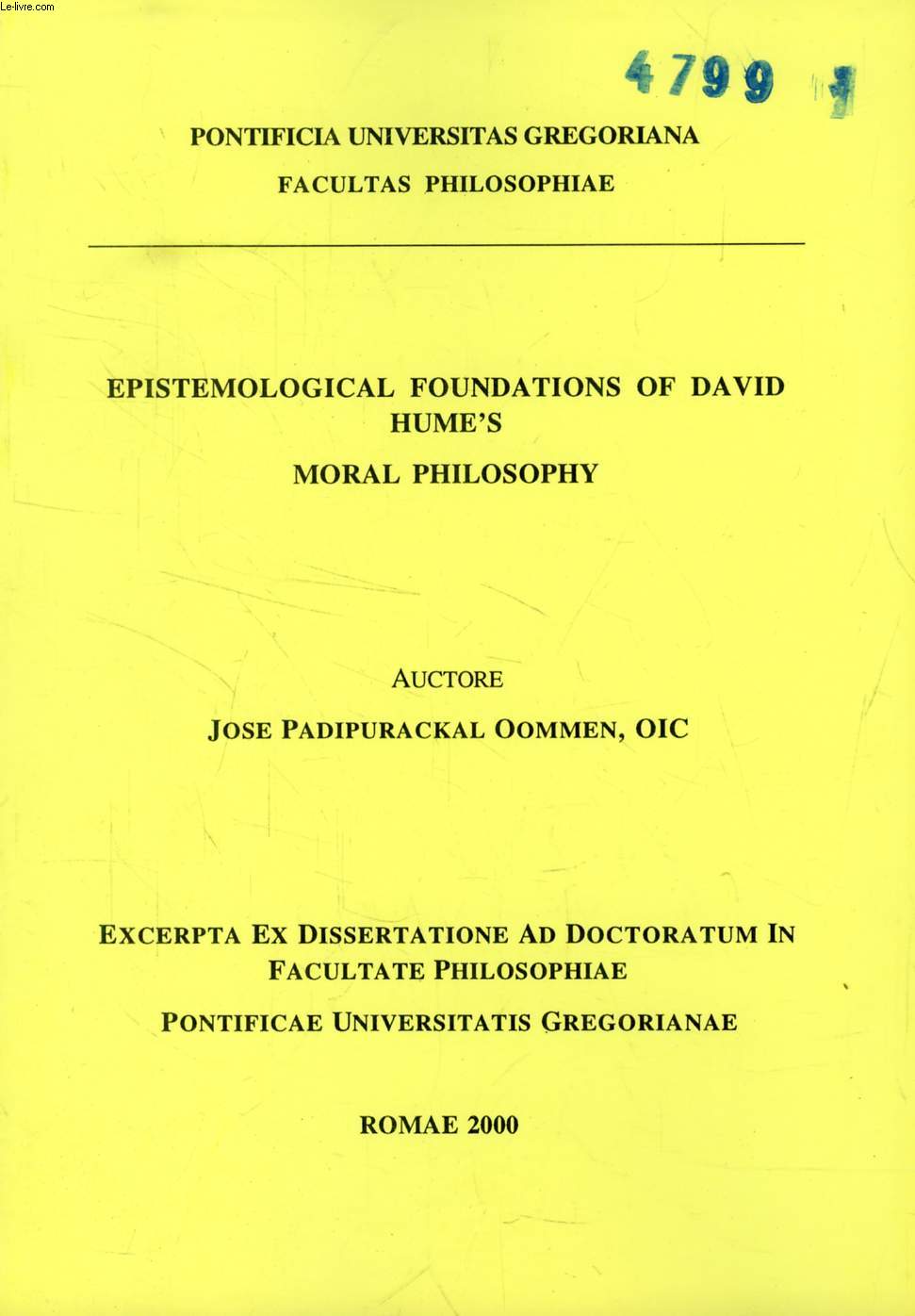 EPISTEMOLOGICAL FOUNDATIONS OF DAVID HUME'S MORAL PHILOSOPHY (EXCERPTA EX DISSERTATIONE)