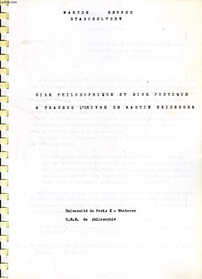 DIRE PHILOSOPHIQUE ET DIRE POETIQUE A TRAVERS L'OEUVRE DE MARTIN HEIDEGGER (MEMOIRE)