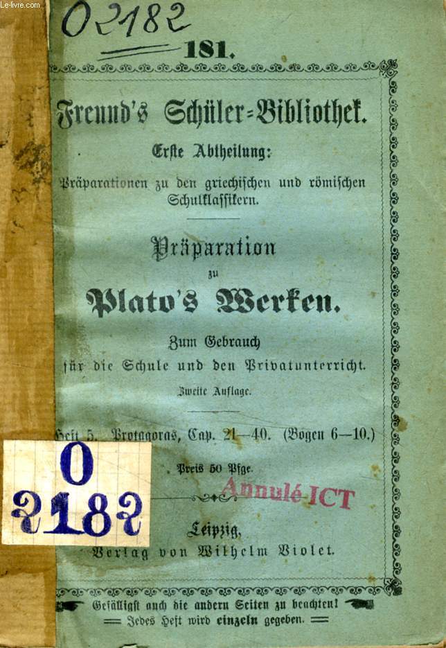 FREUND'S SCHLER-BIBLIOTHEK, PRPARATION ZU PLATO'S WERKEN, Nr. 181