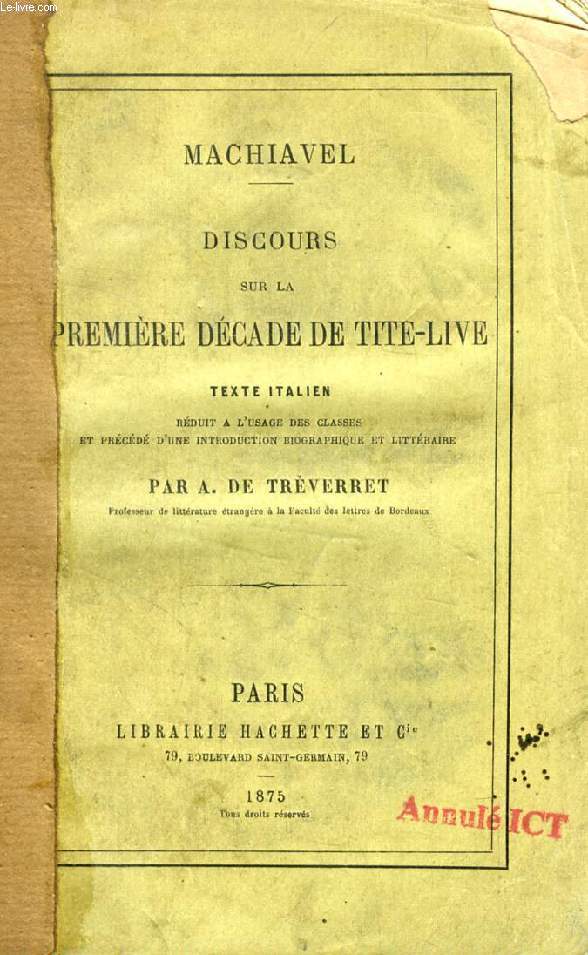 DISCOURS SUR LA PREMIERE DECADE DE TITE-LIVE, TEXTE ITALIEN