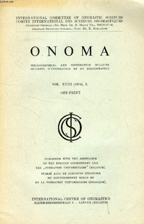 ONOMA, VOL. XVIII (1974), 3, OFFPRINT, STUDIES IN ARAMAIC INSCRIPTIONS AND ONOMASTICS