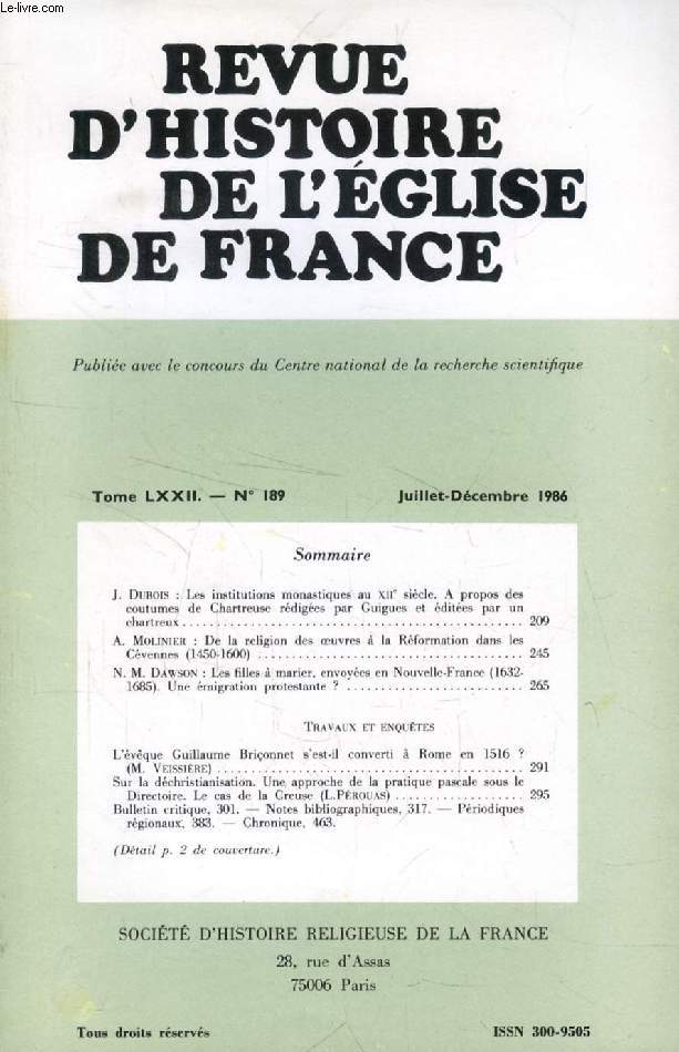 REVUE D'HISTOIRE DE L'EGLISE DE FRANCE, TOME LXXII, N 189, JUILLET-DEC. 1986
