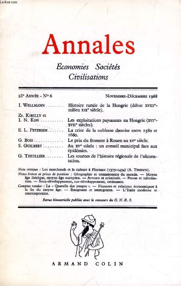 ANNALES, ECONOMIES, SOCIETES, CIVILISATIONS, 23e ANNEE, N 6, NOV.-DEC. 1968 (Sommaire: I. Wellmann Histoire rurale de la Hongrie (dbut XVIIIe-milieu XIXe sicle). Zs. Kirilly et I. N. Kiss. Les exploitations paysannes en Hongrie (XVIe-XVIIe sicles)...)