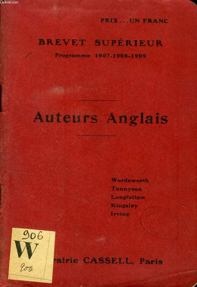 AUTEURS ANGLAIS (TRADUCTION FRANCAISE), BREVET SUPERIEUR