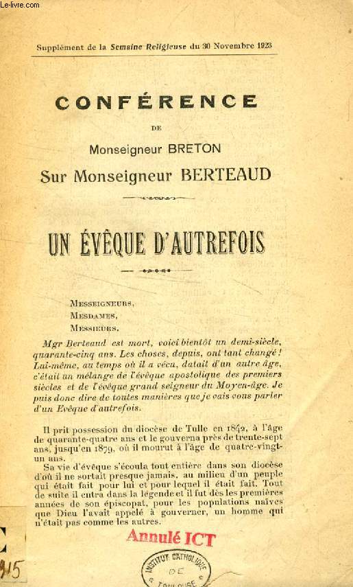CONFERENCE DE Mgr BRETON SUR Mgr BERTEAUD, UN EVEQUE D'AUTREFOIS