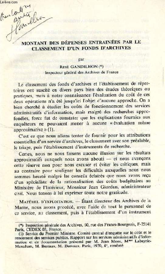 ARCHIVES ET BIBLIOTHEQUES DE BELGIQUE, T. XLVI, N 3-4, 1975 (EXTRAIT), MONTANT DES DEPENSES ENTRAINEES PAR LE CLASSEMENT D'UN FONDS D'ARCHIVES