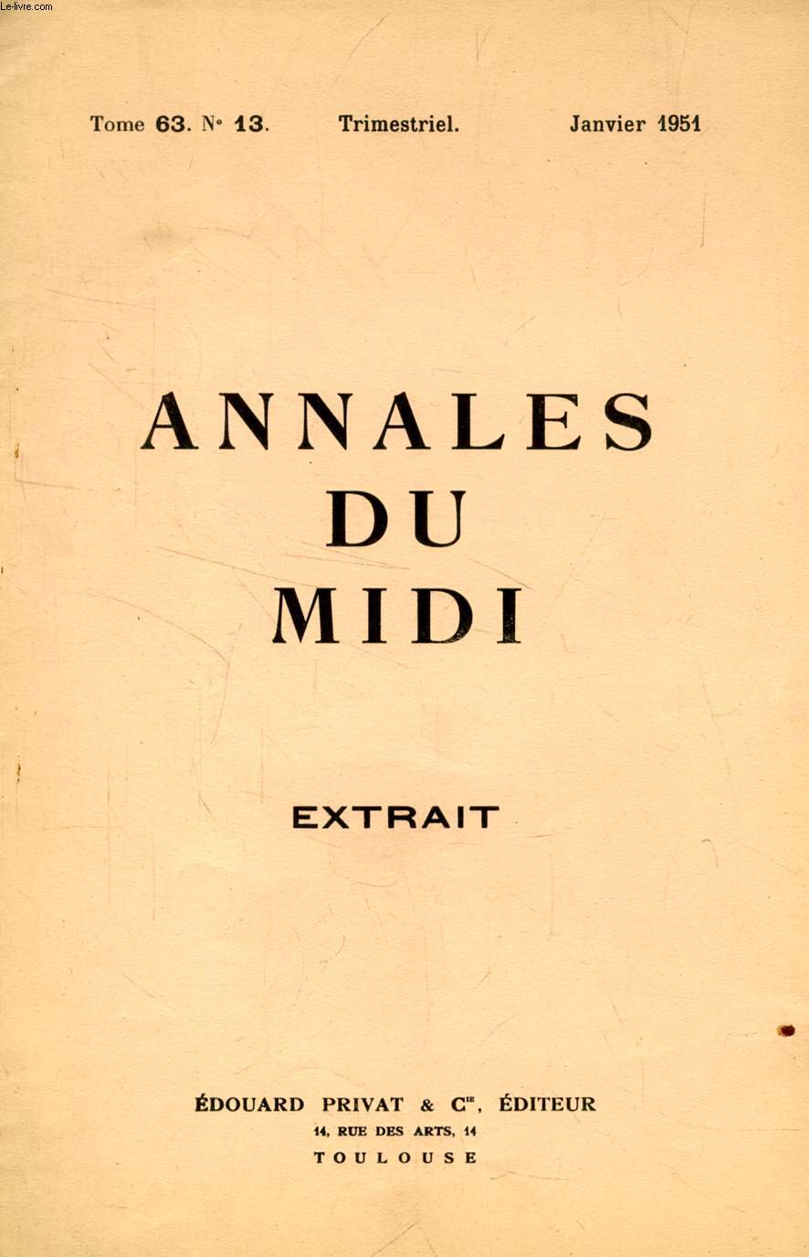 ANNALES DU MIDI, TOME 63, N 13, JAN. 1951 (EXTRAIT), L'INQUISITEUR BERNARD DE CAUX ET L'AGENAIS