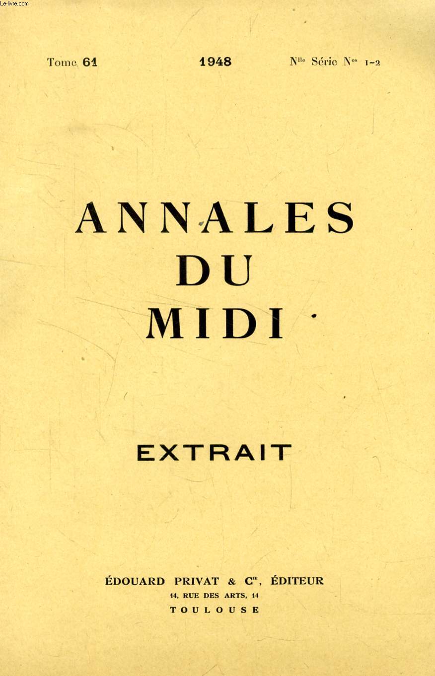 ANNALES DU MIDI, TOME 61, Nouvelle SERIE N 1-2, 1948 (EXTRAIT), INNOCENT IV, LES HABITANTS DE LIMOUX ET L'INQUISITION