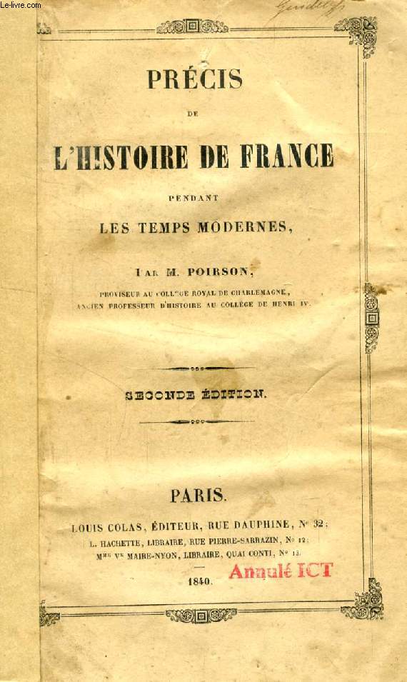 PRECIS DE L'HISTOIRE DE FRANCE PENDANT LES TEMPS MODERNES