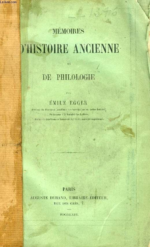 MEMOIRES D'HISTOIRE ANCIENNE ET DE PHILOLOGIE