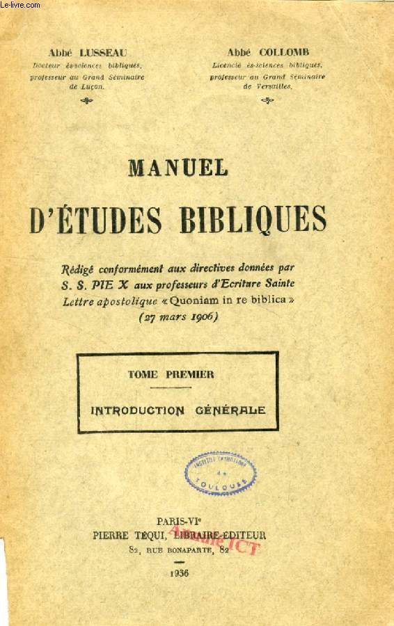 MANUEL D'ETUDES BIBLIQUES, 5 TOMES (7 VOLUMES)
