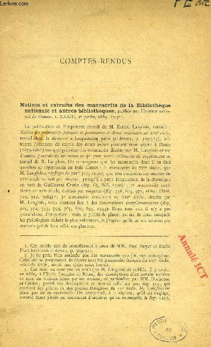 COMPTES-RENDUS, NOTICES ET EXTRAITS DES MANUSCRITS DE LA BIBLIOTHEQUE NATIONALE ET AUTRES BIBLIOTHEQUES