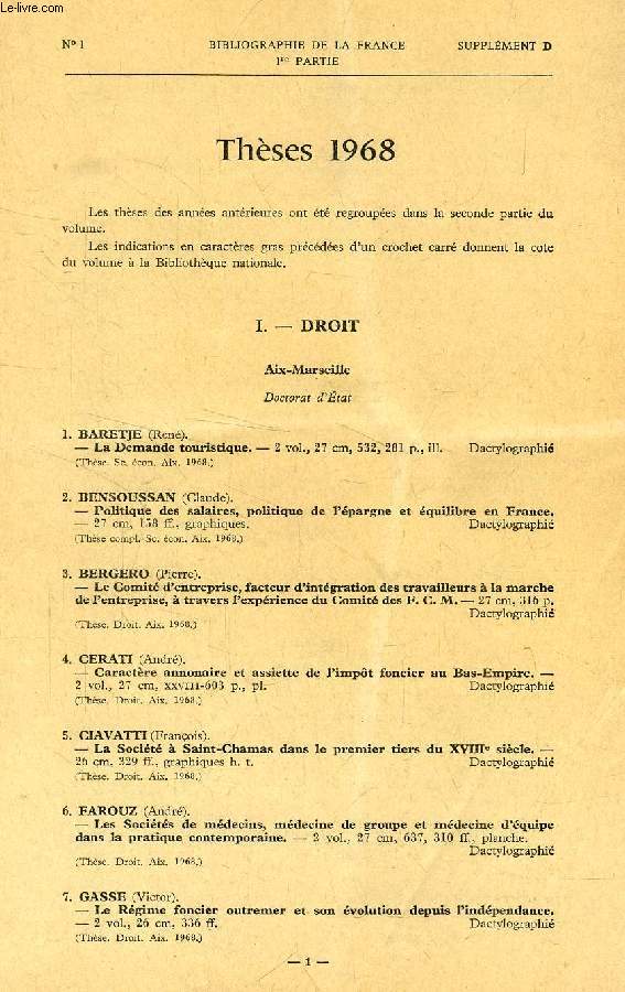 BIBLIOGRAPHIE DE LA FRANCE, THESES, 1968