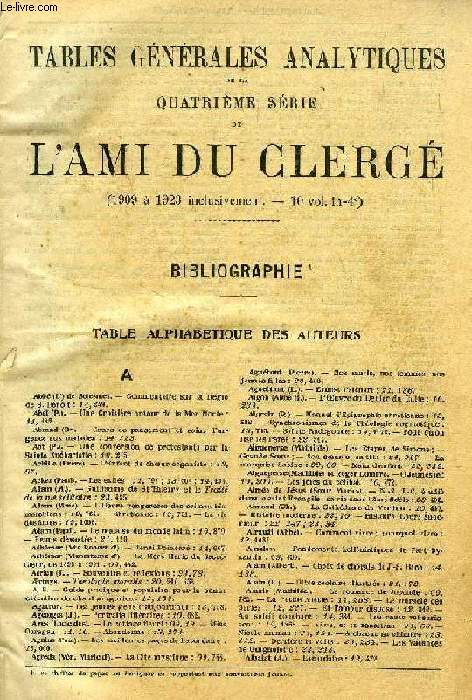 L'AMI DU CLERGE, TABLES GENERALES ANALYTIQUES DE LA 4e SERIE (1909-1923)