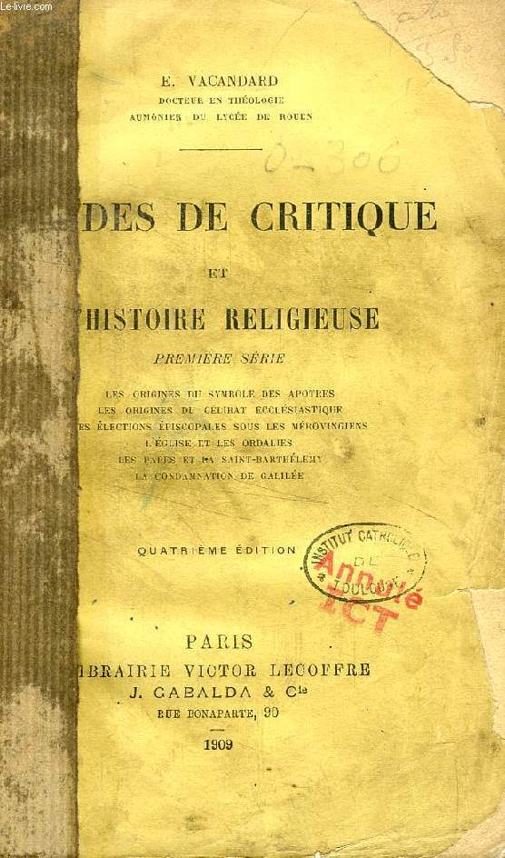 ETUDES DE CRITIQUE ET D'HISTOIRE RELIGIEUSE, 2 TOMES