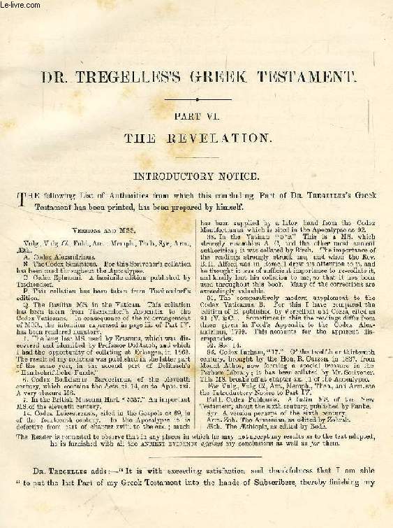 Dr. TREGELLES'S GREEK TESTAMENT, PART VI, THE REVELATION (APOCALYPSE)