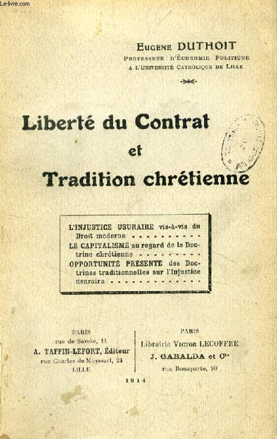 LIBERTE DU CONTRAT ET TRADITION CHRETIENNE