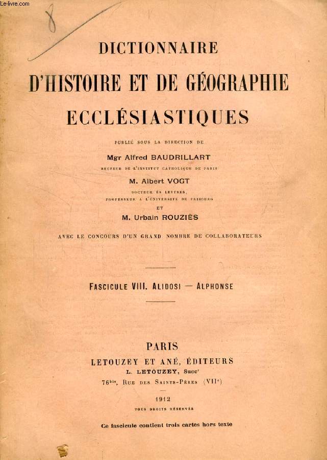 DICTIONNAIRE D'HISTOIRE ET DE GEOGRAPHIE ECCLESIASTIQUES, FASC. VIII, ALIDOSI - ALPHONSE