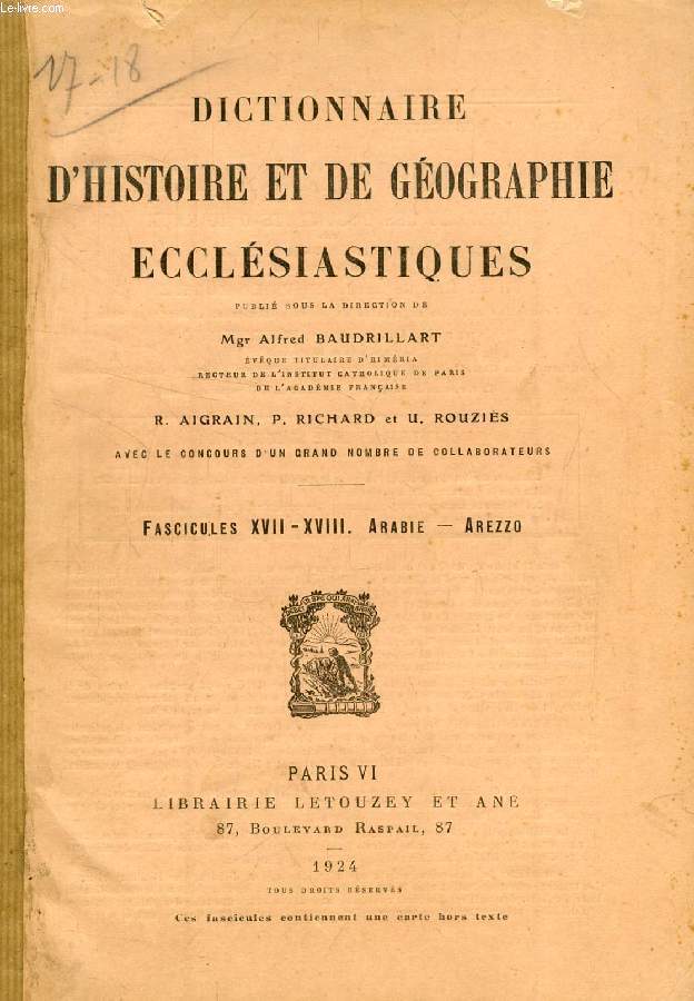 DICTIONNAIRE D'HISTOIRE ET DE GEOGRAPHIE ECCLESIASTIQUES, FASC. XVII-XVIII, ARABIE - AREZZO