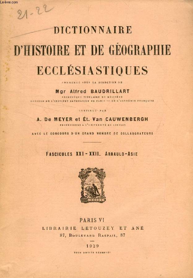 DICTIONNAIRE D'HISTOIRE ET DE GEOGRAPHIE ECCLESIASTIQUES, FASC. XXI-XXII, ARNAULD - ASIE