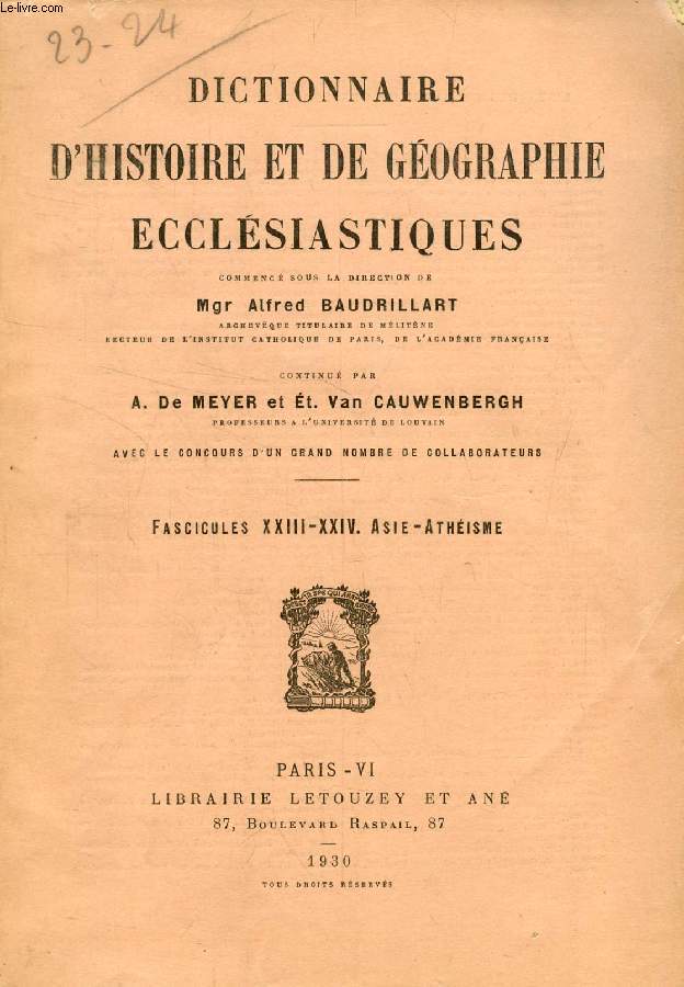 DICTIONNAIRE D'HISTOIRE ET DE GEOGRAPHIE ECCLESIASTIQUES, FASC. XXIII-XXIV, ASIE - ATHEISME