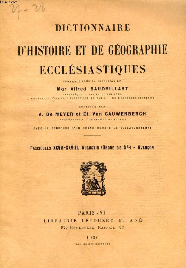 DICTIONNAIRE D'HISTOIRE ET DE GEOGRAPHIE ECCLESIASTIQUES, FASC. XXVII-XXVIII, AUGUSTIN (ORDRE DE St) - AVANON