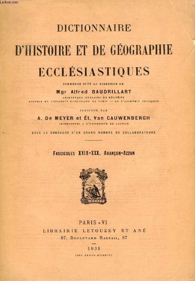 DICTIONNAIRE D'HISTOIRE ET DE GEOGRAPHIE ECCLESIASTIQUES, FASC. XXIX-XXX, AVANON - AZZON