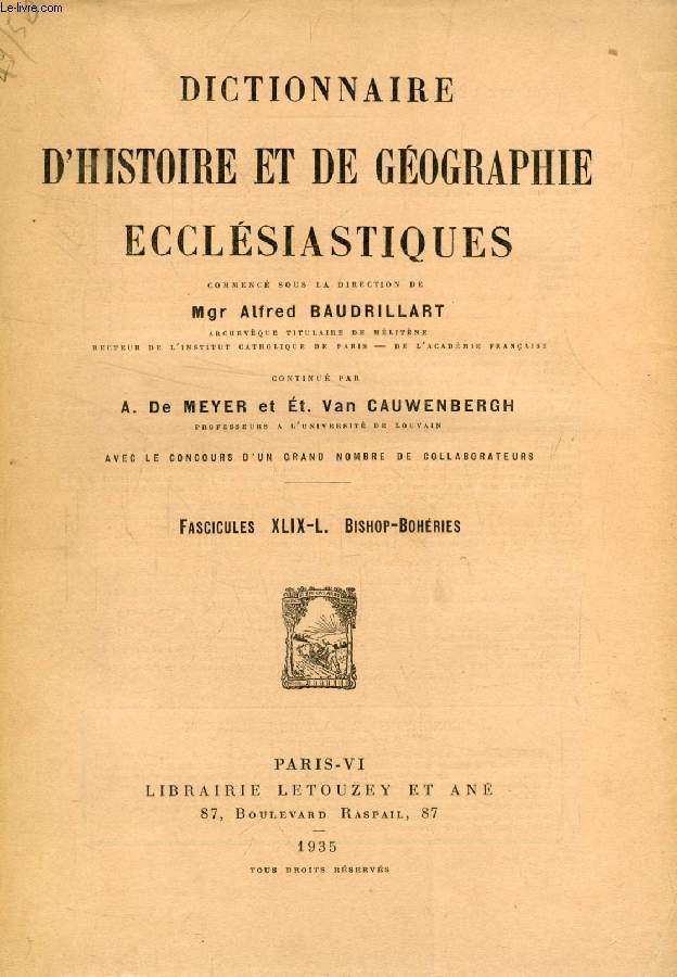 DICTIONNAIRE D'HISTOIRE ET DE GEOGRAPHIE ECCLESIASTIQUES, FASC. XLIX-L, BISHOP - BOHERIES