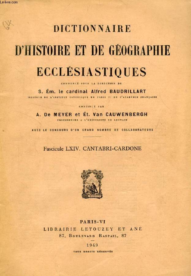 DICTIONNAIRE D'HISTOIRE ET DE GEOGRAPHIE ECCLESIASTIQUES, FASC. LXIV, CANTABRI - CARDONE