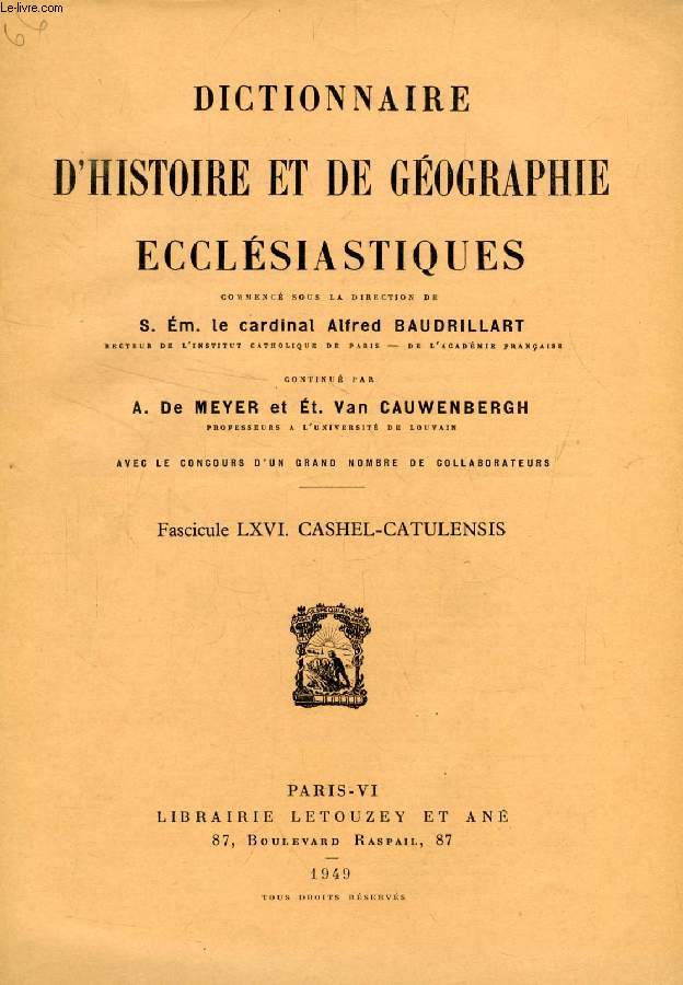 DICTIONNAIRE D'HISTOIRE ET DE GEOGRAPHIE ECCLESIASTIQUES, FASC. LXVI, CASHEL - CATULENSIS