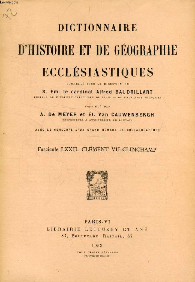 DICTIONNAIRE D'HISTOIRE ET DE GEOGRAPHIE ECCLESIASTIQUES, FASC. LXXII, CLEMENT VII - CLINCHAMP