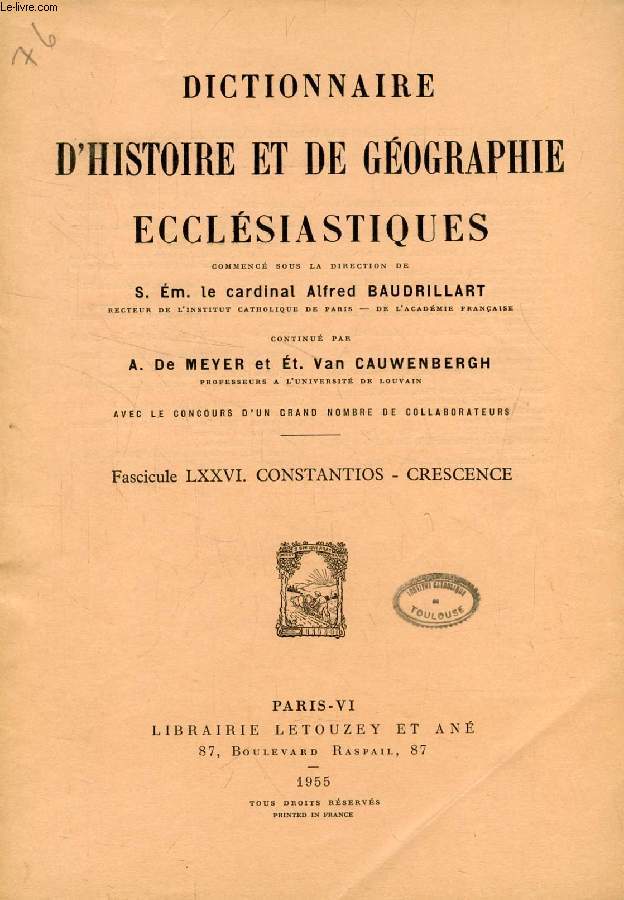 DICTIONNAIRE D'HISTOIRE ET DE GEOGRAPHIE ECCLESIASTIQUES, FASC. LXXVI, CONSTANTIOS - CRESCENCE