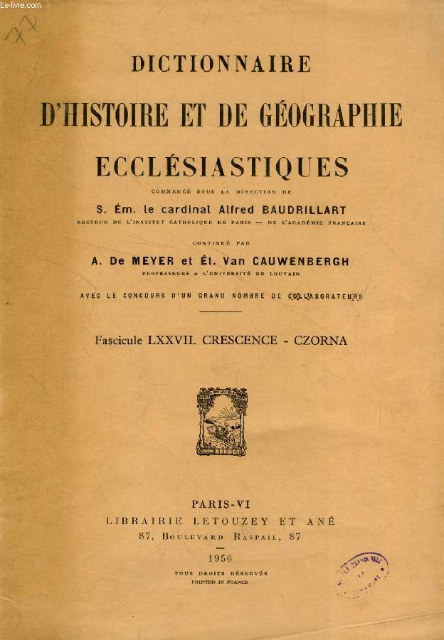 DICTIONNAIRE D'HISTOIRE ET DE GEOGRAPHIE ECCLESIASTIQUES, FASC. LXXVII, CRESCENCE - CZORNA