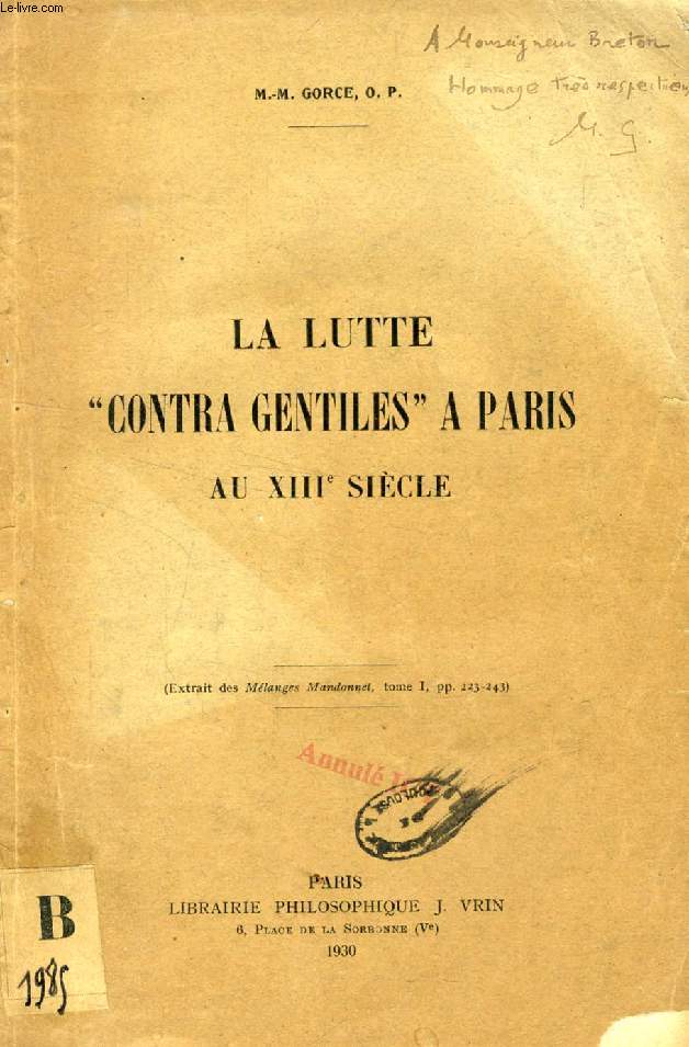 LA LUTTE 'CONTRA GENTILES' A PARIS AU XIIIe SIECLE (TIRE A PART)