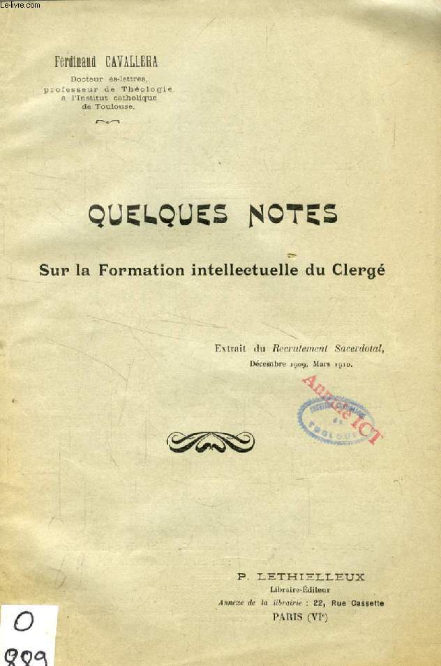 QUELQUES NOTES SUR LA FORMATION INTELLECTUELLE DU CLERGE (TIRE A PART)