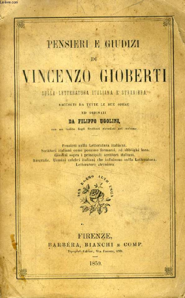 PENSIERI E GIUDIZI DI VINCENZO GIOBERTI SULLA LETTERATURA ITALIANA E STRANIERA