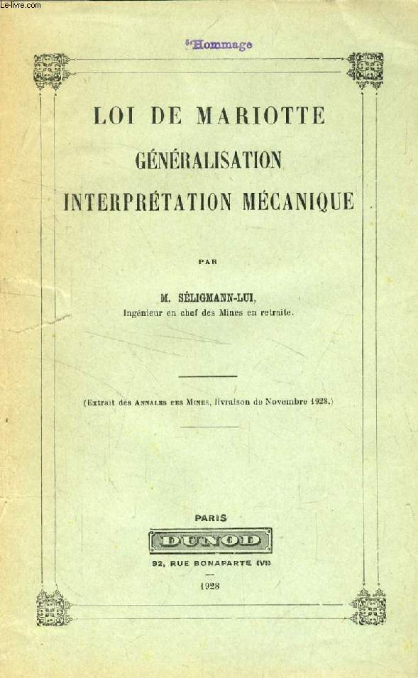 LOI DE MARIOTTE, GENERALISATION, INTERPRETATION MECANIQUE (TIRE A PART)