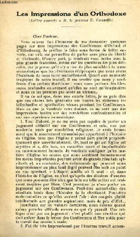 LES IMPRESSIONS D'UN ORTHODOXE (LETTRE OUVERTE A M. LE PASTEUR GOUNELLE)