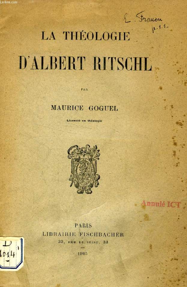 LA THEOLOGIE D'ALBERT RITSCHL