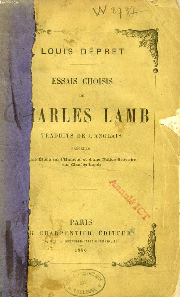 ESSAIS CHOISIS DE CHARLES LAMB