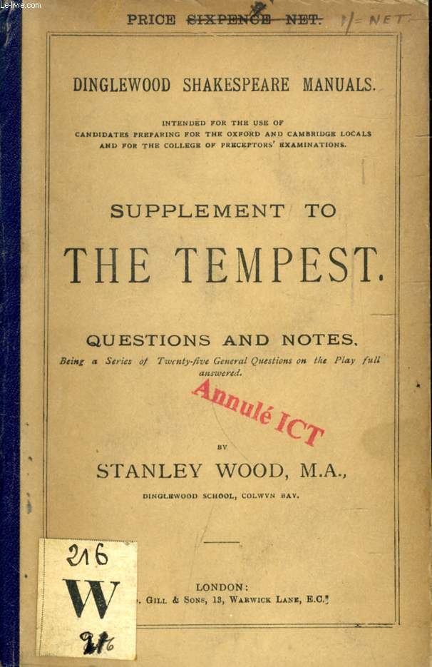 SUPPLEMENT TO THE TEMPEST, QUESTIONS AND NOTES