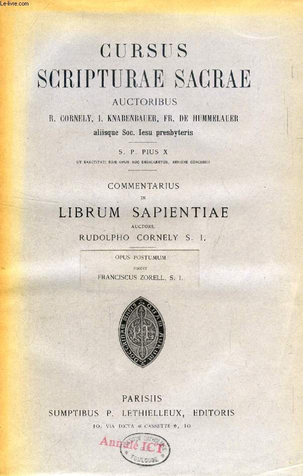 COMMENTARIUS IN LIBRUM SAPIENTIAE (CURSUS SCRIPTURAE SACRAE)