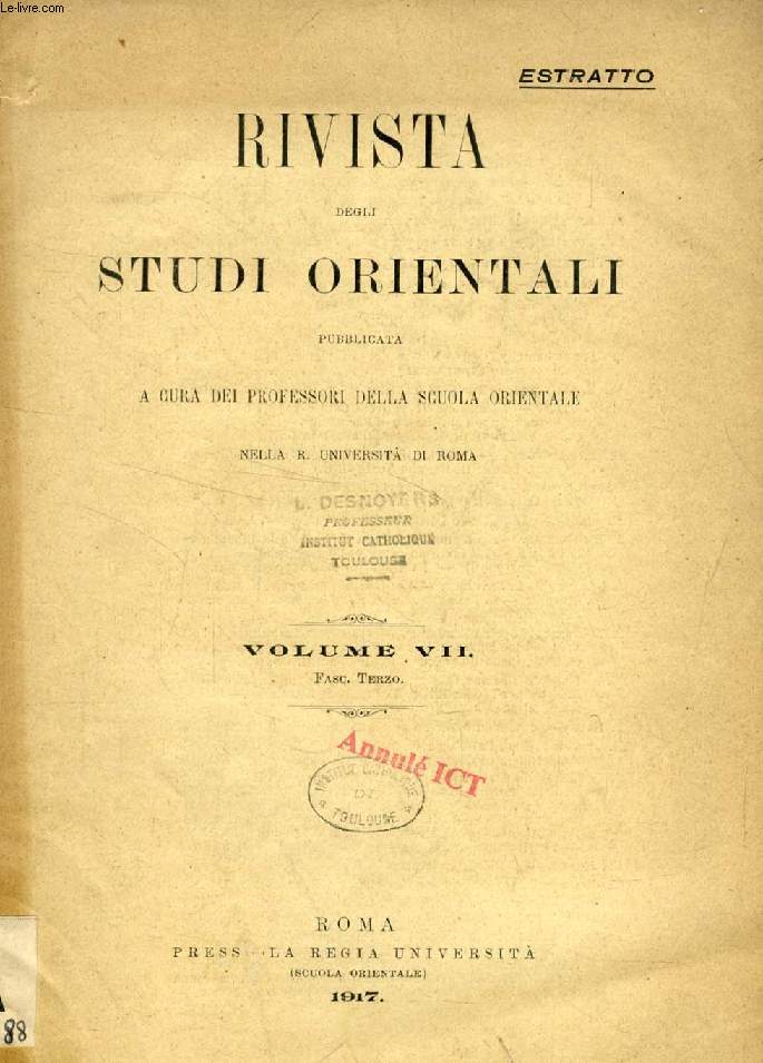 RIVISTA DEGLI STUDI ORIENTALI (ESTRATTO), VOL. III, FASC. III, BIBLIOGRAFIA