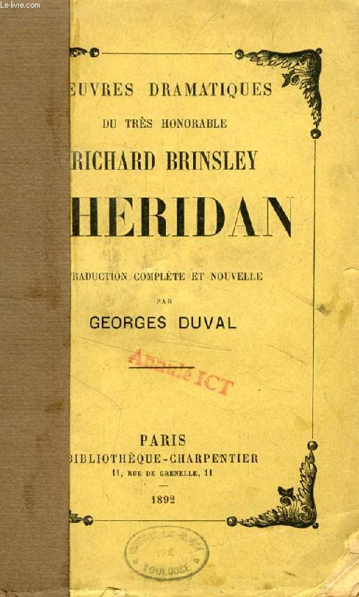 OEUVRES DRAMATIQUES DU TRES HONORABLE RICHARD BRINSLEY SHERIDAN