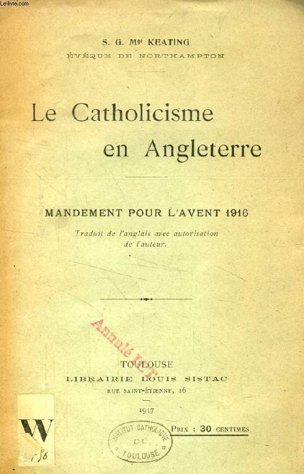 LE CATHOLICISME EN ANGLETERRE, MANDEMENT POUR L'AVENT 1916