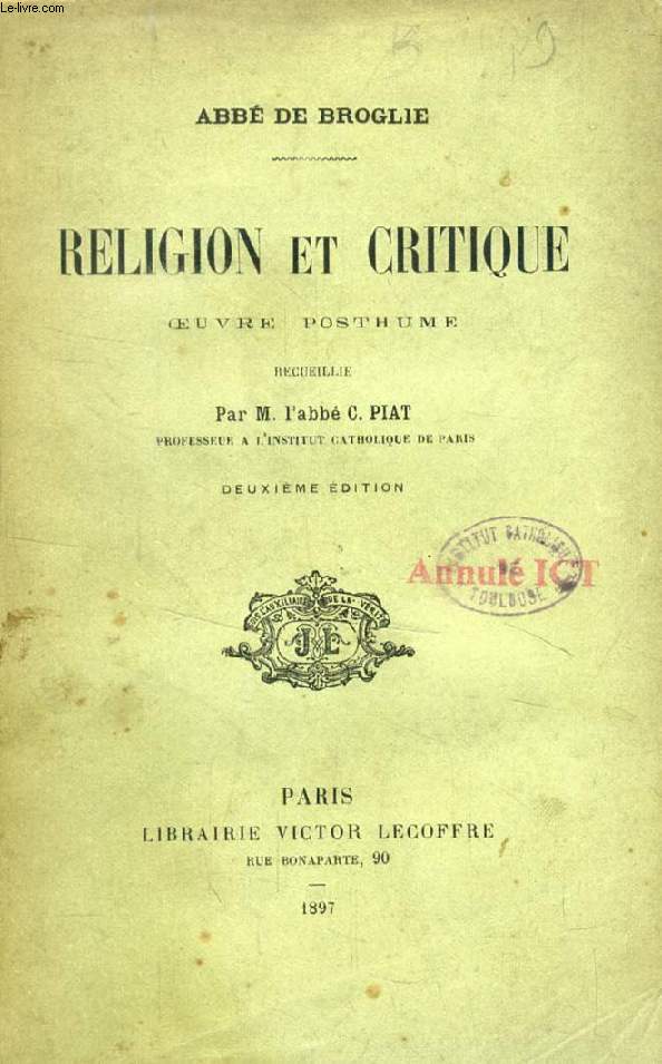 RELIGION ET CRITIQUE, Oeuvre Posthume