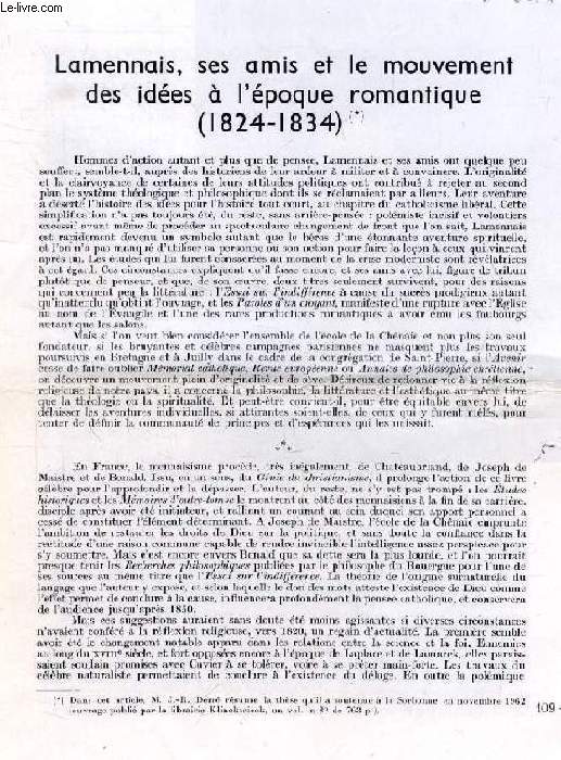 LAMENNAIS, SES AMIS ET LE MOUVEMENT DES IDEES A L'EPOQUE ROMANTIQUE (1824-1834) (TIRE A PART)